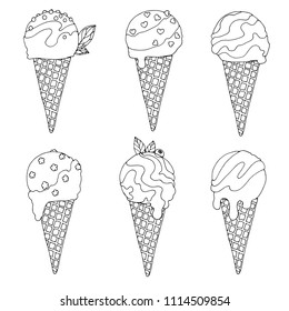 Icecream, sweet zentangle design, page for coloring book, vector doodle