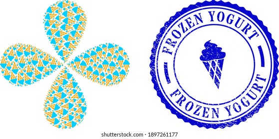 Icecream swirl flower shape, and blue round FROZEN YOGURT scratched stamp seal with icon inside. Object flower with 4 petals done from oriented icecream items. Vector flower collage in flat style.