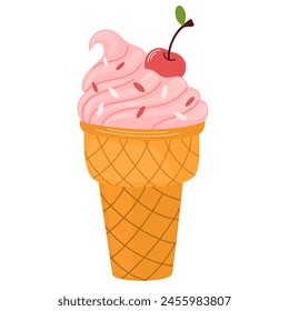 Ice-cream swirl in wafer cone. Summer frozen dessert, takeaway ice cream with cherry flavor. Cold cool sugar snack. Vector illustration isolated