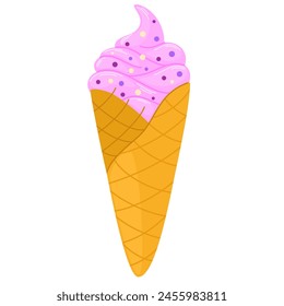 Ice-cream swirl in wafer cone. Summer frozen dessert, takeaway ice cream. Cold cool sugar snack. Vector illustration isolated