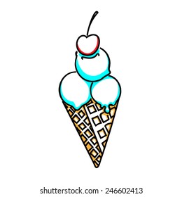 Ice-cream with three globules and one cherry in a waffle