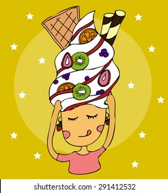 Ice-cream with a lot of topping (Waffle, strawberry, chocolate stick, kiwi, jam) on her head.