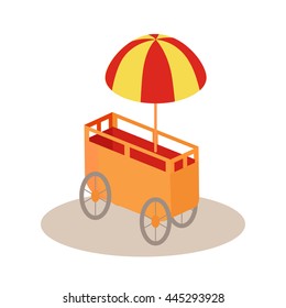 Ice-cream trolley in isometric projection Vector style design Icon. Street fast food concept. Food truck with umbrella illustration. Isolated on white background.