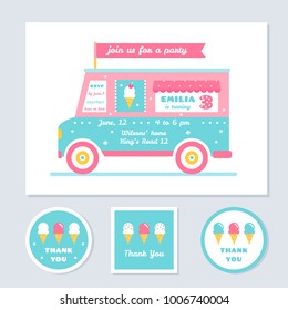 Icecream Truck Vector Kids Party Invitation and Thank You Cards.