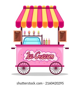 Ice-cream van with colorful canopy, menu, fridge, ice-creams of different tasties. Shop on wheels, food, summer. Flat illustration on a white isolated background. Suit for label, banner, marketing.