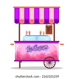 Ice-cream van with colorful canopy, menu, fridge, ice-creams of different tastes. Shop on wheels, food, summer. Flat illustration on a white isolated background. Suit for label, banner, marketing.