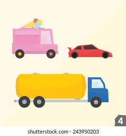 Ice-cream van, sport car, gasoline truck. Transportation vector set four