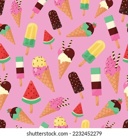 Ice-cream vector draw seamless repeat pattern popsicle cone stick sweet dessert multiple color flavor sprinkle topping for print textile fabric paper wallpaper background web cards 