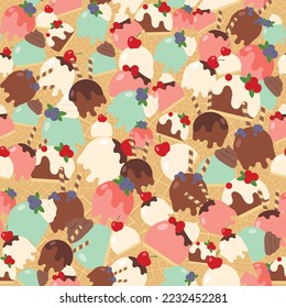 Ice-cream vector draw seamless repeat pattern popsicle cone stick sweet dessert multiple color flavor sprinkle topping for print textile fabric paper wallpaper background web cards 