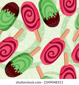 Vector de helado de fondo rosa y verde giratorio. Patrón de helados sin foco espiral esquimal.