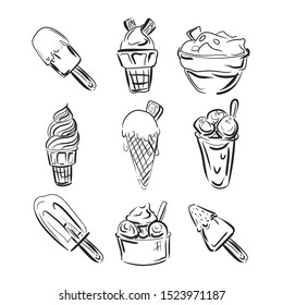 Ice-cream vector illustartion in doodle cartoon line style fresh eskimo drawing