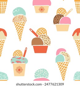 Ice-cream vector seamless pattern. Hand drawn various colorful textured summer frozen desserts on white background. Cute retro gelato in waffle cones and cups. Modern flat sweet food repeat tile