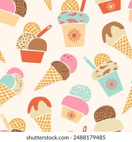 Ice-cream vector seamless pattern. Hand drawn various colorful textured summer frozen desserts on cream off-white background. Cute retro gelato in waffle cones and cups. Modern sweet food repeat tile