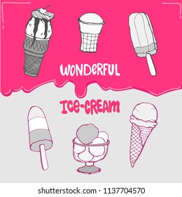 Ice-cream - Vector set of hand drawn illustrations. Can be used as logos, prints, cards, banners ets.