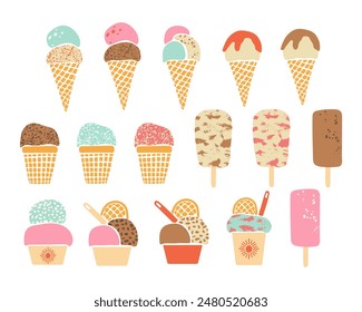 Ice-cream vector set. Hand drawn colorful textured summer frozen desserts. Fruit, mint, vanilla and chocolate ice cream popsicle and scoop balls in waffle cone and cups isolated on white background