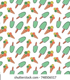 Ice-cream vector, in style doodle. Seamless ice cream pattern, hand-drawn eskimo backdrop.
