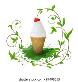 Ice-cream in wafer cone decorated of cherry and an ornament of leaves.  Illustration contains a transparency blends. EPS10.
