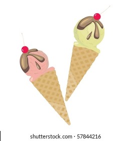 Ice-cream in a wafer small horn with cherry