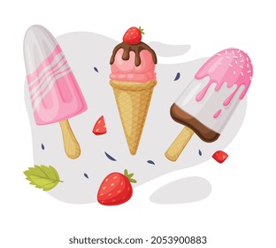 Ice-cream in Waffle Cone and Eskimo with Sprinkle as Frozen Dessert and Snack Vector Composition