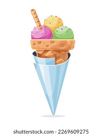 Ice-cream in waffle cup with balls of different flavours. Sweet fresh dessert. Isolated on white background. Vector illustration