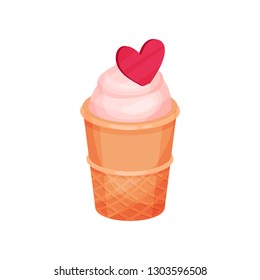 Ice-cream in waffle cup with pink heart. Tasty dessert. Sweet food. Flat vector for Valentine s day postcard