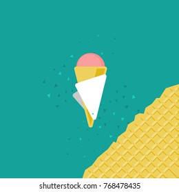 Ice-cream and waffle texture in the corner. Isolated on turquoise background flat line art style illustration.