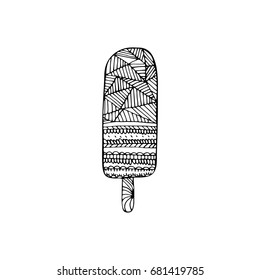 Ice-cream zentangle inspired coloring book page template. Hand drawn vector patterned eskimo. Black and white isolated illustration.