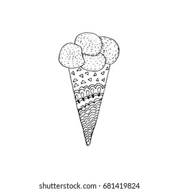 Ice-cream zentangle inspired coloring book page template. Hand drawn vector patterned eskimo. Black and white isolated illustration.
