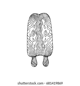 Ice-cream zentangle inspired coloring book page template. Hand drawn vector patterned eskimo. Black and white isolated illustration.