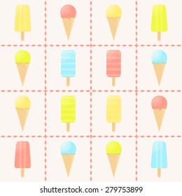 Icecreams. Set of different colors and forms ice-creams. Menu element for cafe or restaurant with sweets. Vector illustration.