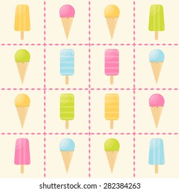 Icecreams. Set of different colors and forms ice-creams. Menu element for cafe or restaurant with sweets. Vector illustration.