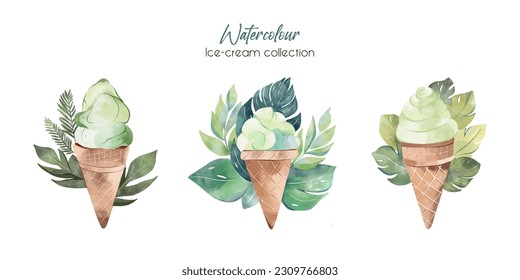 Ice-creams in a waffle cone with exotic leaves background. Artistic style. Wall art for cafe. Ice-cream shop decor, poster