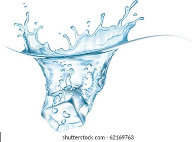 Ice-cube is dropped into clear water. Vector illustration.