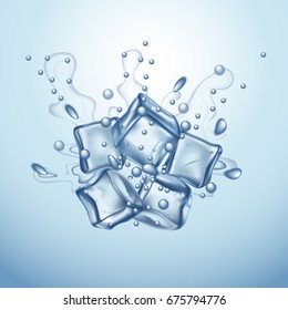 Ice-cubes with sparkling water splash. Realistic vector illustration.