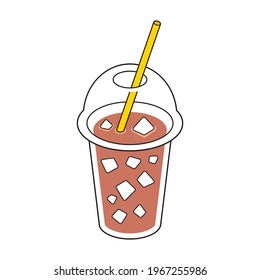 Iced Americano or cold brew coffee with ice in disposable plastic takeaway cup and straw isolated cartoon vector