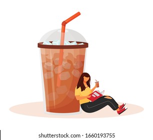 Iced americano flat concept vector illustration. Summer coffeehouse menu. Frozen coffee drink. Sweet refreshment. Woman reading 2D cartoon character for web design. Coffeeshop creative idea