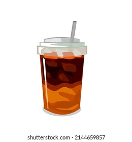 Iced Americano orange juice in a clear glass with a lid.There is ice inside and a tube plugged in at the top.Isolated vector illustration on a white background.