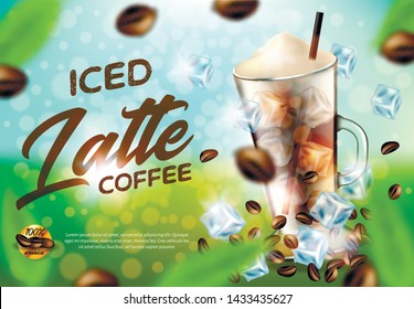 Iced Arabica Coffee Latte Promo Ad Banner, Drink Glass with Handle, Cold Brown Beverage with Ice Cubes, White Foam and Straw, Coffee Beans on Green Blurred Background, 3d Vector Realistic Illustration