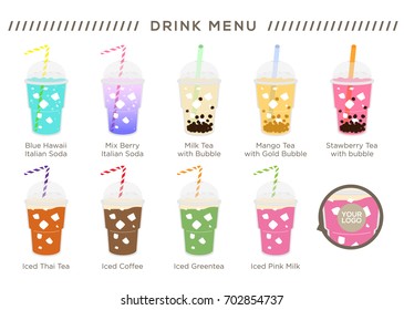 Iced beverage in plastic glasses. Illustration vector set