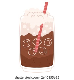 Iced brown cola with whipped cream foam topping and red striped straw in glass filled with ice cubes. Stock vector illustration in cartoon flat style. Isolated on white background.
