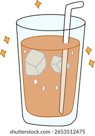 Iced brown drink vector illustration in glass with ice cubes and straw, perfect for tea, coffee, or summer beverage design needs

