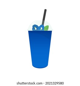 Iced Butterfly Pea Flower Tea. Beautiful blue drink with flower decoration in Plastic to-go cup on the White Background. 