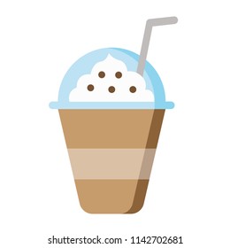 Iced Cappuccino Coffee in a plastic cup with milk foam. Vector coffee illustration in cute cartoon style.