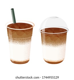 Iced Caramel Macchiato,  2 Clear Plastic Cold Cup, Vector Illustration. Isolated Image on White Background.