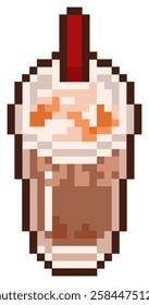 Iced caramel macchiato latte cold coffee with red straw on it ready to drink for refreshing hot day and accompany for work vector pixel art for game, element, icon, sticker