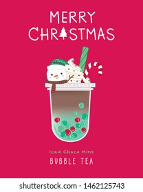 Iced choco mint Bubble Tea,Christmas style, Snow man, cute illustration
