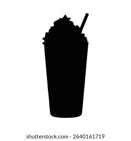 Iced chocolate drink silhouette with whipped cream isolated on white background