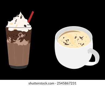 iced chocolate drink with vanilla cream and hot chocolate sprinkled with chocolate bar flakes. happy, relax. black background