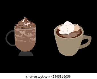 iced chocolate shake with bubbles and hot chocolate with added vanilla cream and coffee. happy, relaxed. black background