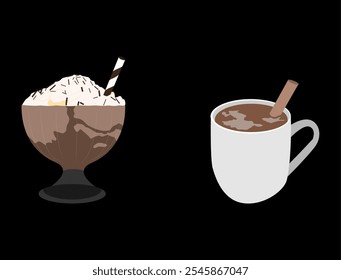 iced chocolate with transparent glass and hot chocolate with ceramic glass. happy, relax. black background